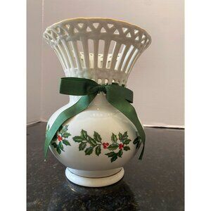 Formalities by Baum Bros., 8" Reticulated Vase with Holly Leaves and Ribbon
